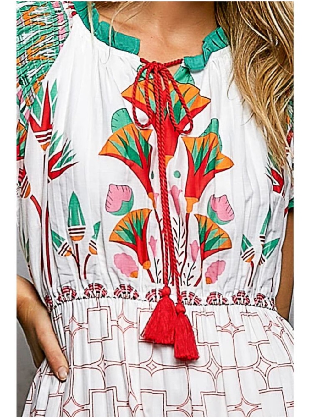 New: POL Stunning Boho Hand Stamped Tassel Tie Flowy Tiered Maxi Dress• Small - Picture 4 of 5